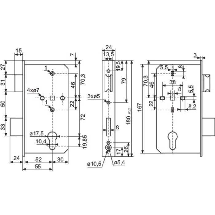 413415 Boîtier De Serrure, Avec Serrure Galvanisée, Acier, Cote Axe 55