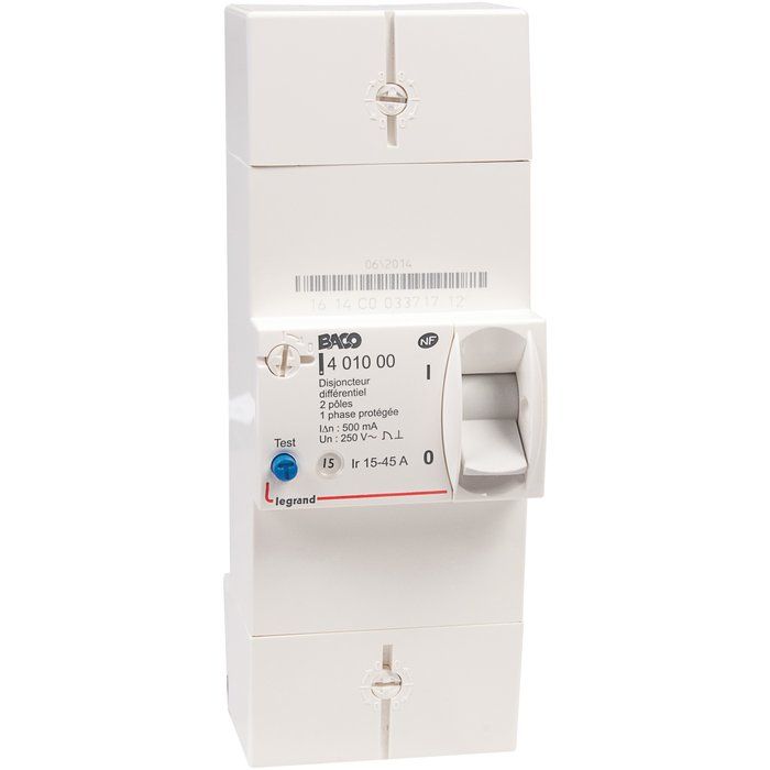 Disjoncteur de branchement bipolaire 15 à 45 A - Différentiel 500 mA instantané - Legrand