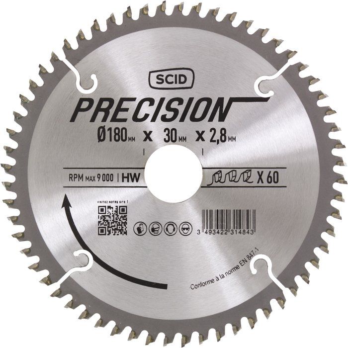 Lame au carbure denture alternée pour scie circulaire coupe fine - 180x30 60d - SCID
