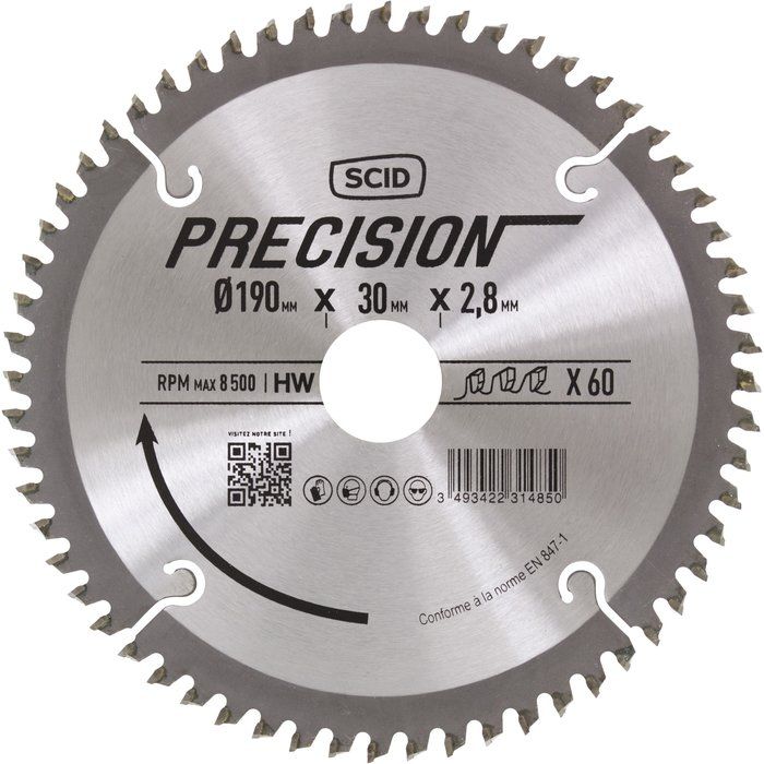 Lame au carbure denture alternée pour scie circulaire coupe fine - 190x30 60d - SCID