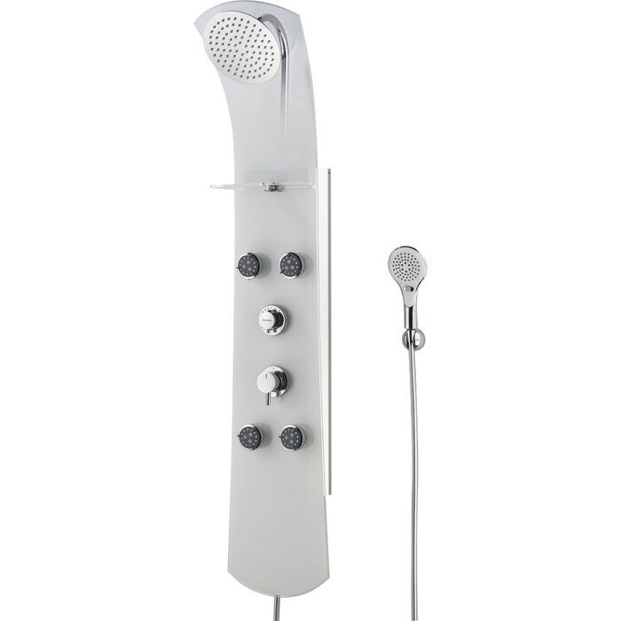 Colonne de douche hydromassante thermostatique en verre blanc - Tête ronde Ø 20 cm - Douchette 3 jets - Avec tablette - Nautilus - Valentin