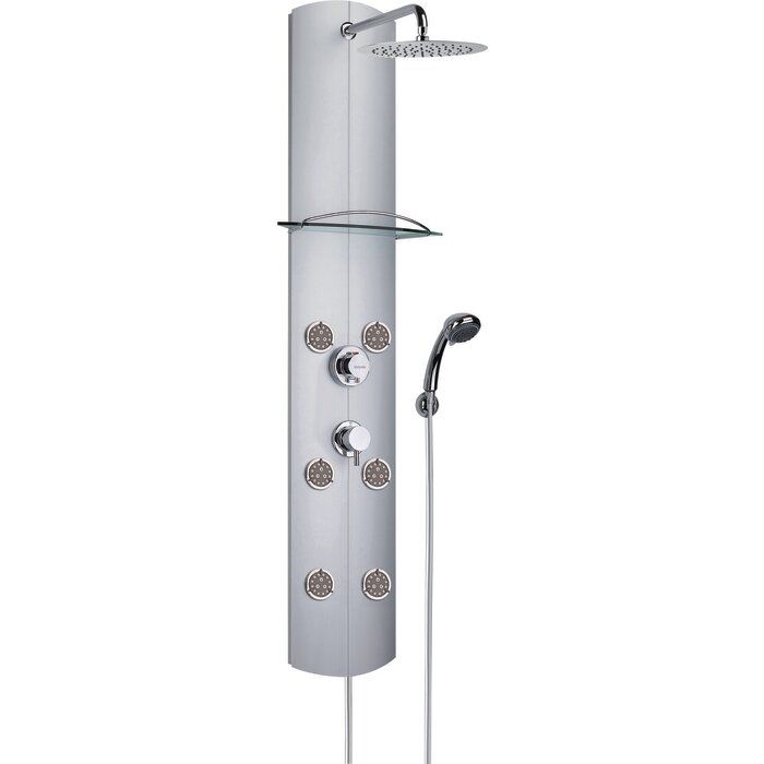 Colonne de douche hydromassante thermostatique - Tête douche ronde Ø 25 cm - Douchette 3 jets - Avec tablette - Totem Alu - Valentin