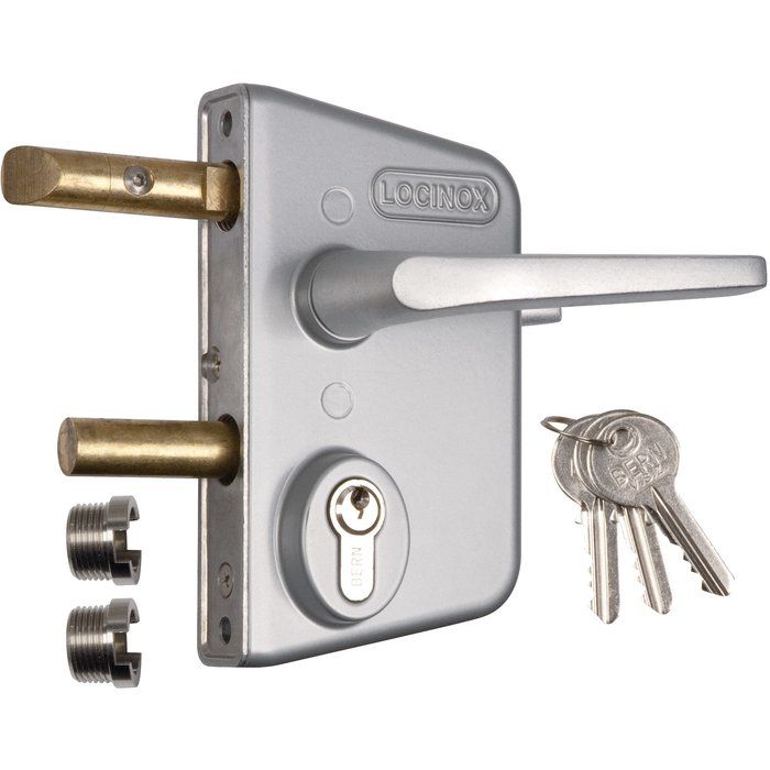 Serrure de portail en applique argent - Clé I - Axe à 30 mm - Profil 40 à 60 mm - LCKX - Locinox