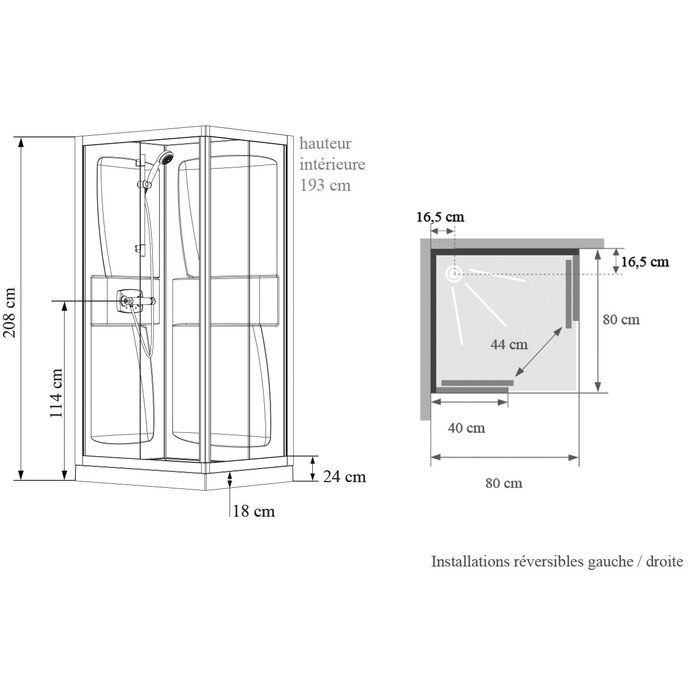 Schéma cabine Kineprime 80 x 80 cm portes coulissantes