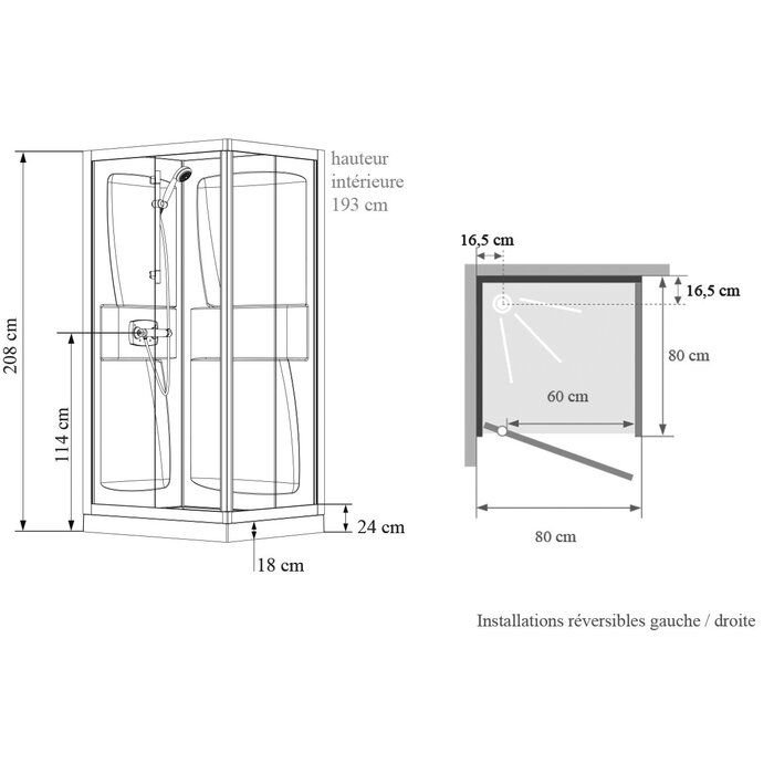 Schéma cabine Kineprime 80 x 80 cm porte pivotante