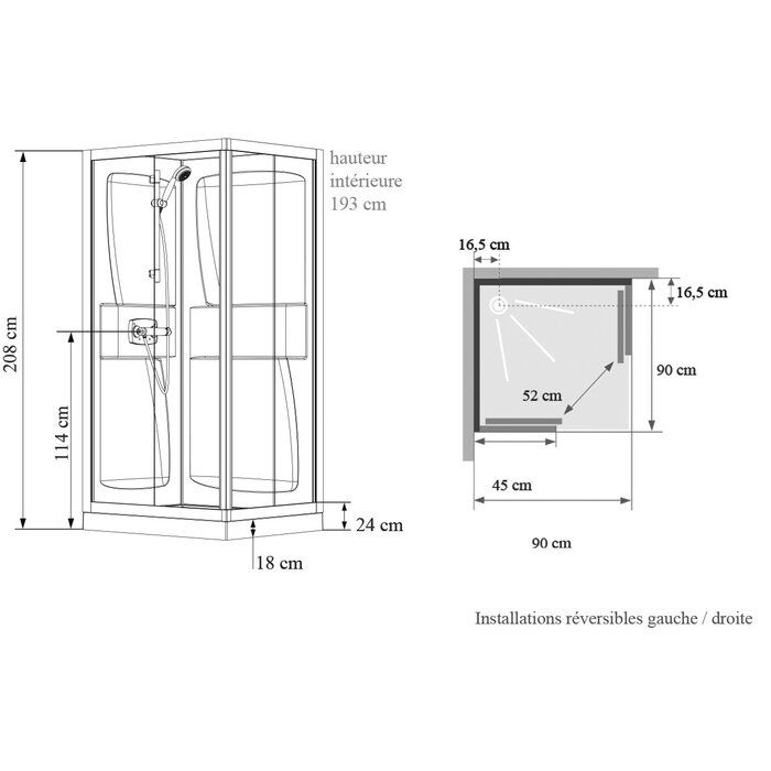 Schéma cabine Kineprime 90 x 90 cm portes coulissantes