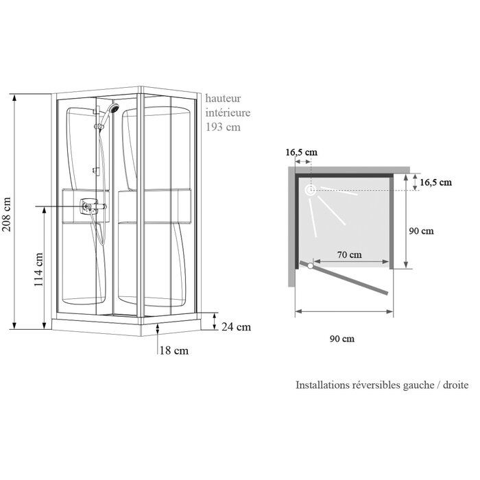 Schéma cabine Kineprime 90 x 90 cm porte pivotante