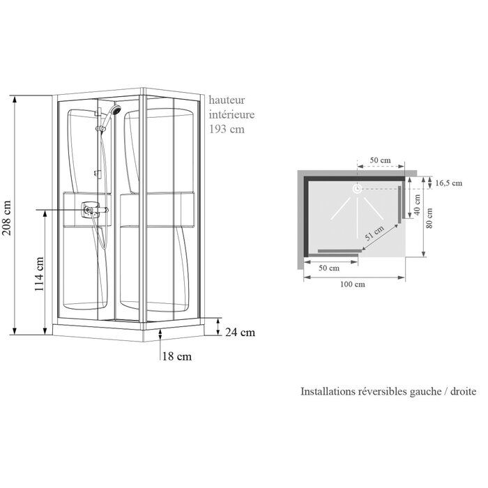 Schéma cabine Kineprime 100 x 80 cm portes coulissantes