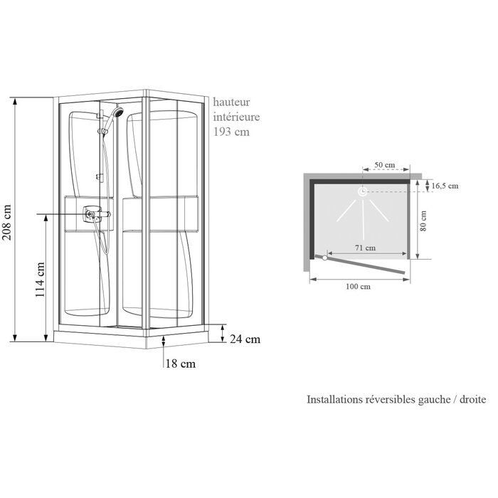 Schéma cabine Kineprime 100 x 80 cm porte pivotante