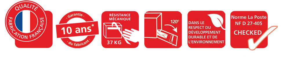Avantages de la boîte aux lettres BALnéaire BURG-WÄCHTER : fabrication française, garantie 10 ans, résistance mécanique 37 kg, clapet aluminium, conformité NF D27-405.