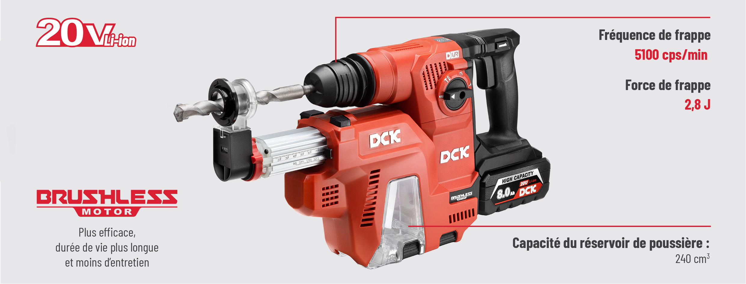 Avantages du perforateur sans fil DCK KRHDE20V-26 avec extracteur de poussière HEPA