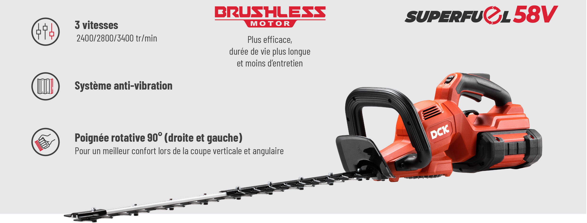 Taille-haies sans fil Brushless 58V DCK en utilisation