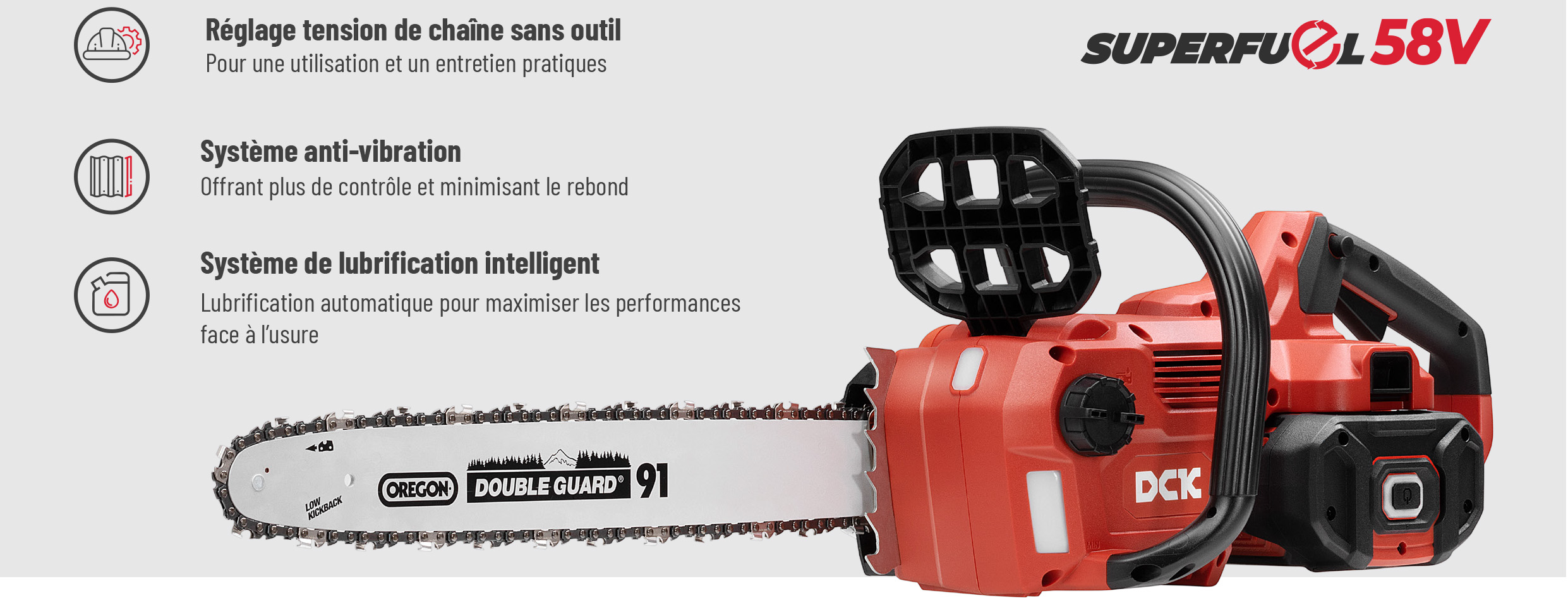 Tronçonneuse sans fil Brushless 58V DCK en utilisation