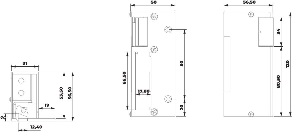 Plan technique de la gâche électrique en applique Dorcas Série 23N 120 mm