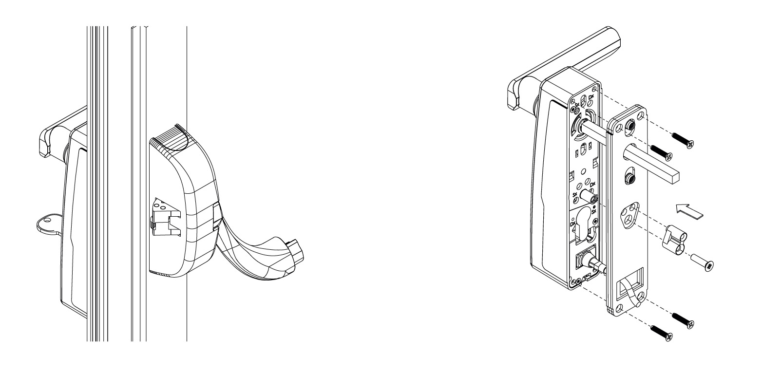 Schéma installation module extérieur électromécanique Trim Tronic ISEO sur dispositif anti-panique en applique