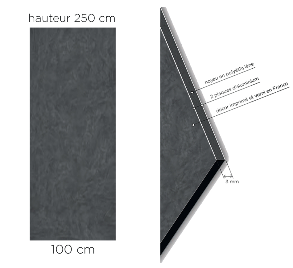 Image avec les dimensions et composition du panneau mural Kinewall Design beton foncé