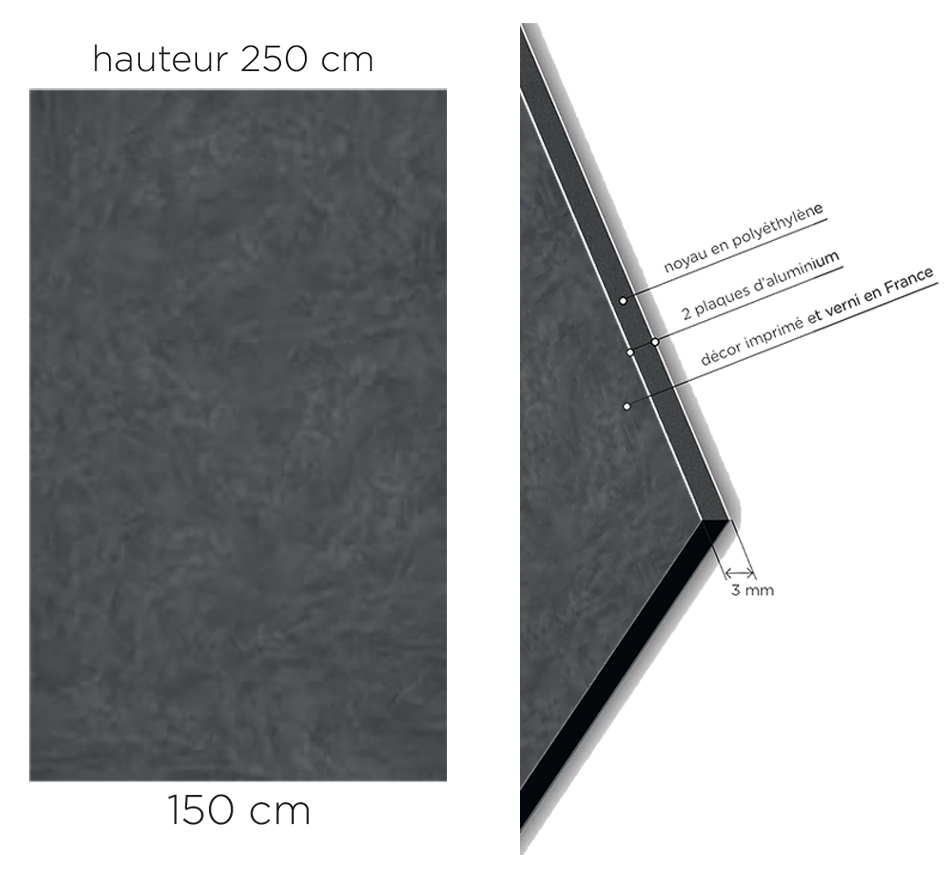 Image avec les dimensions et composition du panneau mural Kinewall Design beton foncé