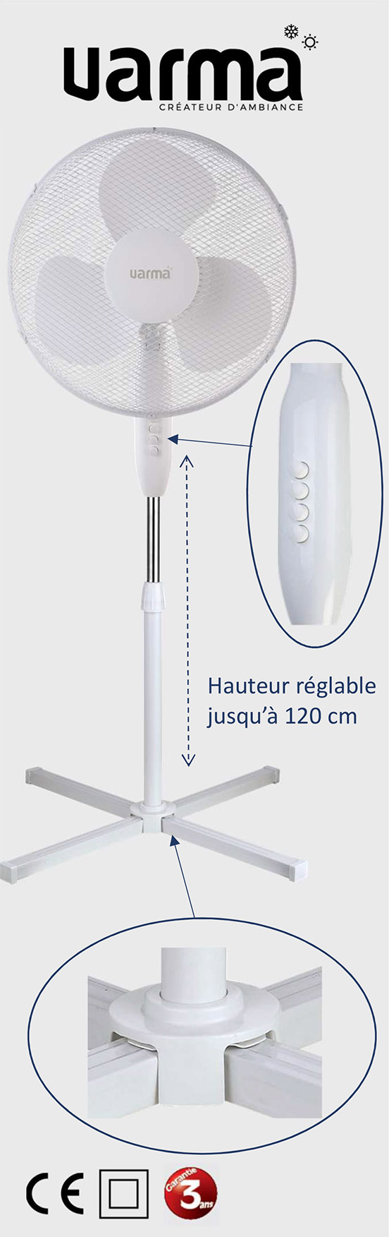 Ventilateur sur pied en croix blanc 40 W Ø 40 cm Varma