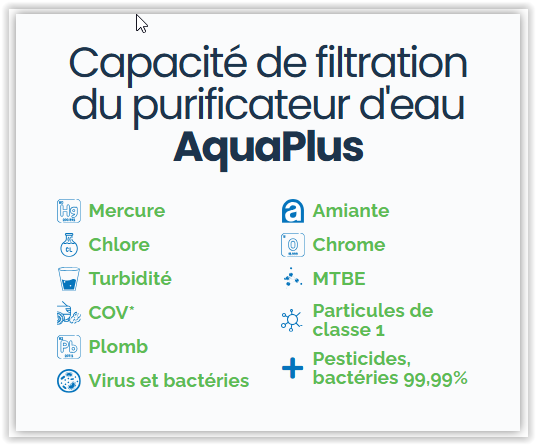 Capacités de filtration du purificateur d'eau AquaPlus Waterclic